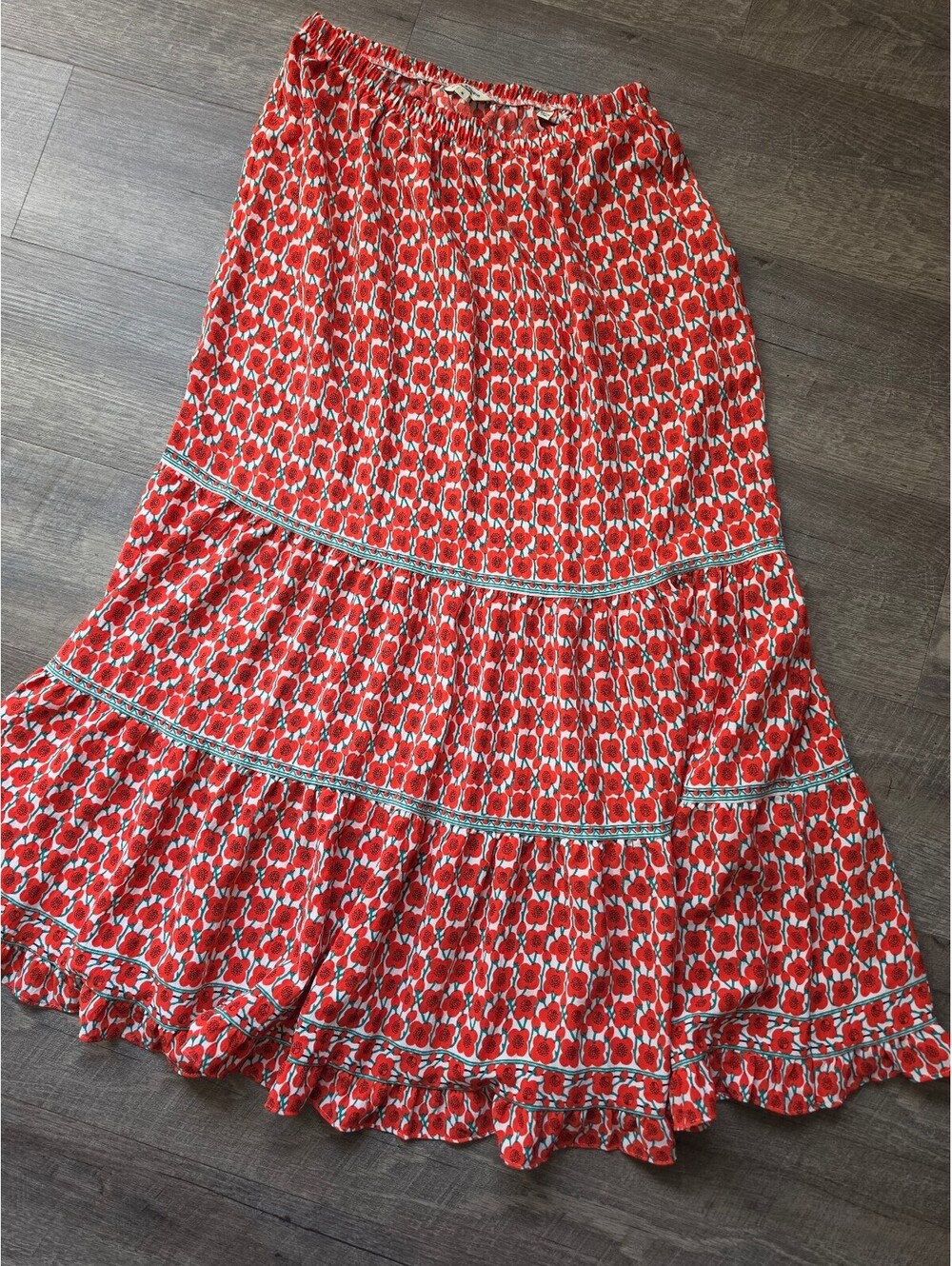 Max Studio London Red Floral Midi Skirt with Ruffle Detail Size S